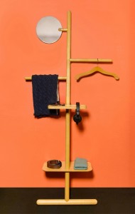 Camerino Valet Stand in fluoro yellow and natural oak with copper or chrome mirrors.