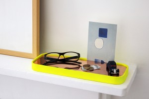 Camerino Tray in natural oak and copper inlay or fluoro yellow and copper or natural oak inlay.