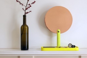 Table Vanity Mirror with Tray in natural oak or fluoro yellow and generous copper or chrome mirror and inlay.